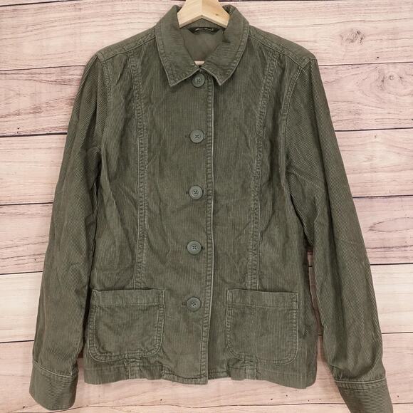 Eddie Bauer Jacket Womens Large Green Corduroy Button Front Chore Coat Utility - Picture 1 of 10